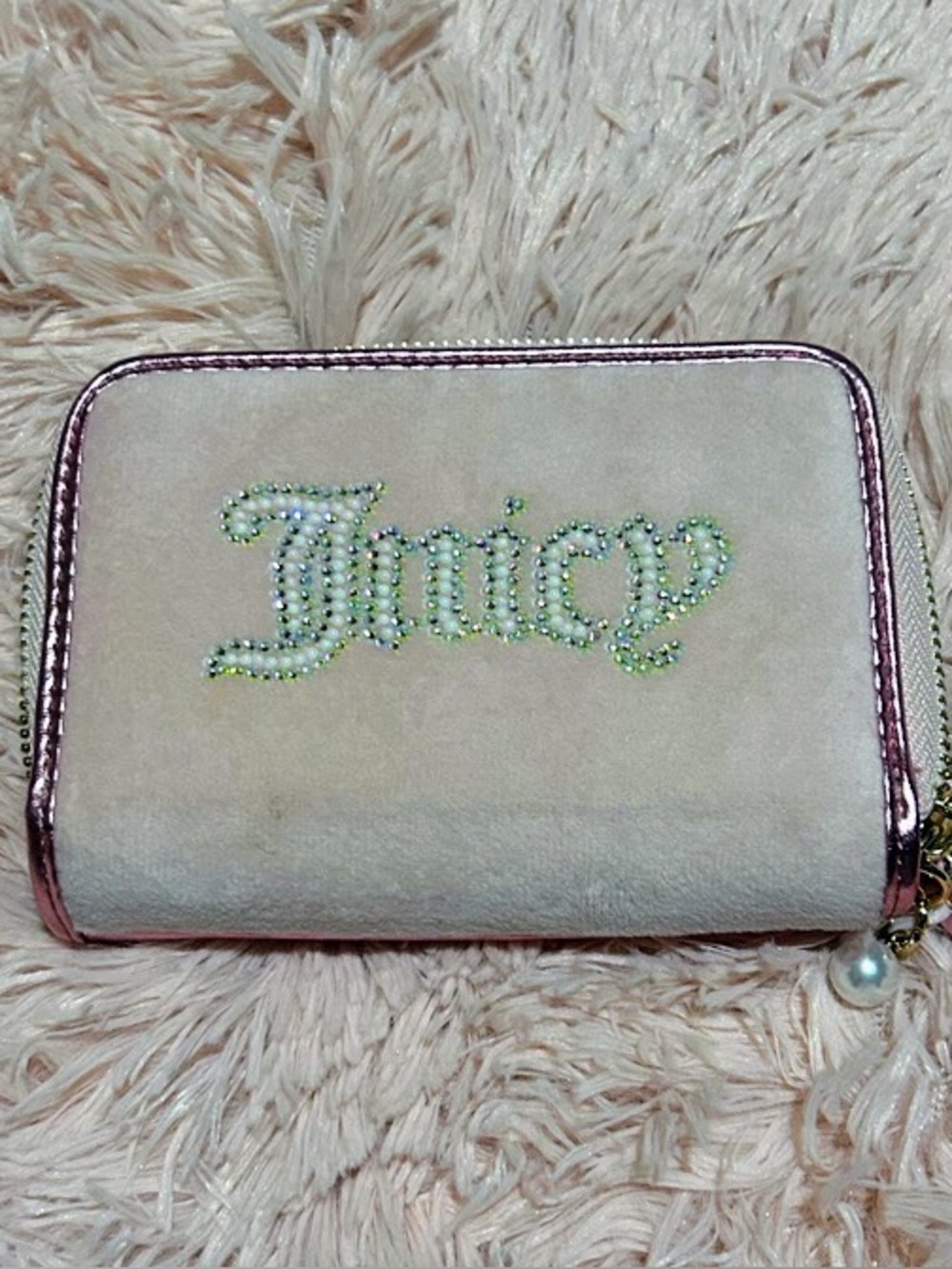 Juicy Couture Cream Wallet with Pink Metallic Trim and Rhinestone Logo.